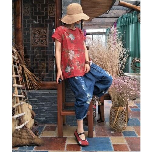 Women Ramie Print Loose Shirt Ladies Printed Floral Blouse Tops Female Casual Summer Vintage Shirt 2018 Thin Blouse