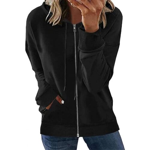 Plus Size Zipper Up Womens Hoodie Sweatshirt Solid Hoodie Long Sleeve Drawstring Sports Hooded Sweatshirt Autumn Femme