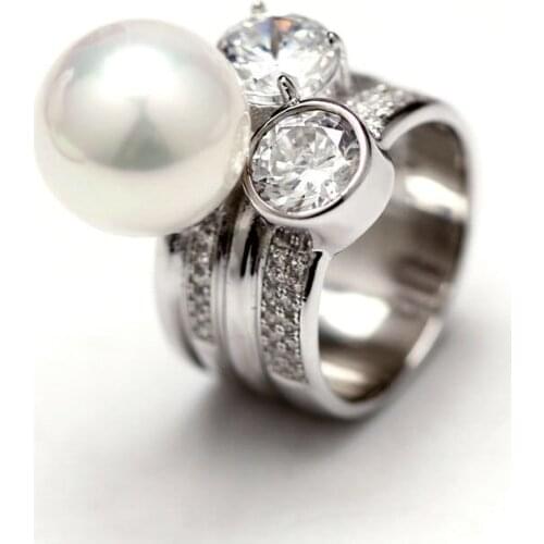 ASHIQI Real Big 10-11mm Perfectly Round Freshwater Pearl Rings for Women 925 Sterling Silver Jewelry with Crystal Wedding Rings