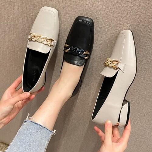 British Jade chain small leather shoes for women 2021 oxfords square toe plated thick heels loafers woman flats plus size 34-43
