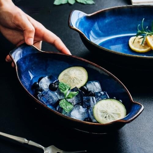 1 pcs KINGLANG Klin Blue Boat shaped plate ceramic long fish bowl baking cheese bowl dish