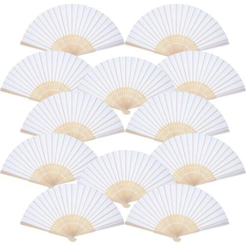 12 Pcs White Hand Held Fans Silk Bamboo Folding Fans Handheld Folded Fan for Church Wedding Gift Party Favors DIY Decoration