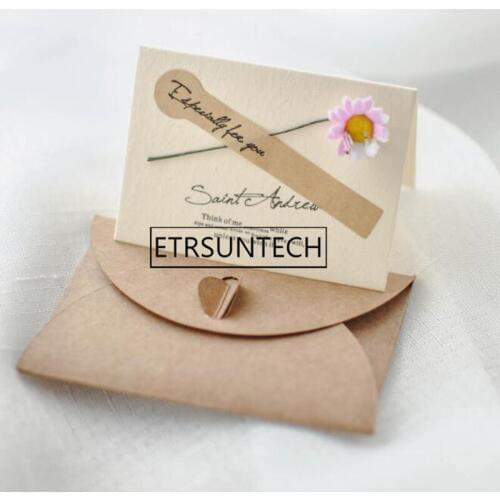 200sets Retro Kraft Paper Artificial Flower Decoration Greeting Card DIY Wish Invitation Envelope For Birthday Christmas