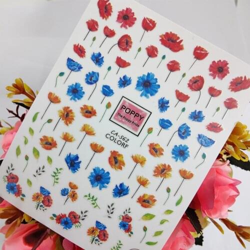 3D Nail Art sticker Peel Off Sliders Red Blue Flower the Poppy Pride Nail Decoraciones Foil adhesive Design Manicure Accessories