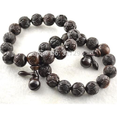 5pcs Ancient Buddhism Lotus Carved Wooden Bracelet Lightning Date Wood 8'' Buddhist Prayer Mala Bangle For Men Jewelry