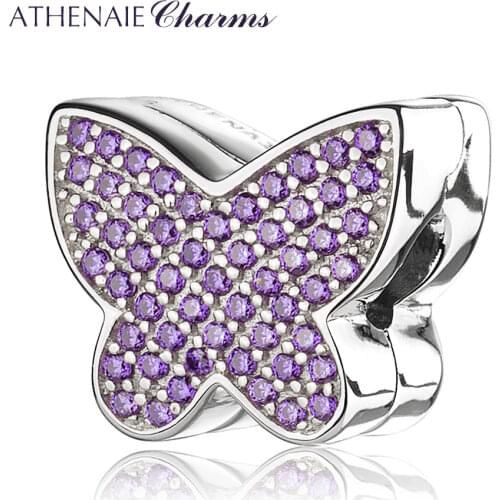 ATHENAIE 925 Silver Clips Pave Clear CZ Sparkling butterfly Charm Beads Color Purple Fit European Charms Pendants Bracelet