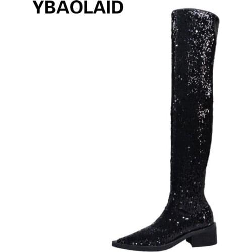 Fashion Pointed Sequins Over The Knee Boots Stretch Boots Autumn and Winter New Solid Color Sleeve Flat Bottom Fashion Boots