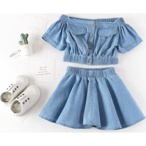 2-6 Yeas Infant Girls Clothing Casual 2pcs Denim Set All-Match Short Sleeve Off Shoulder Tops +Skirt Fashion Outfits Suit