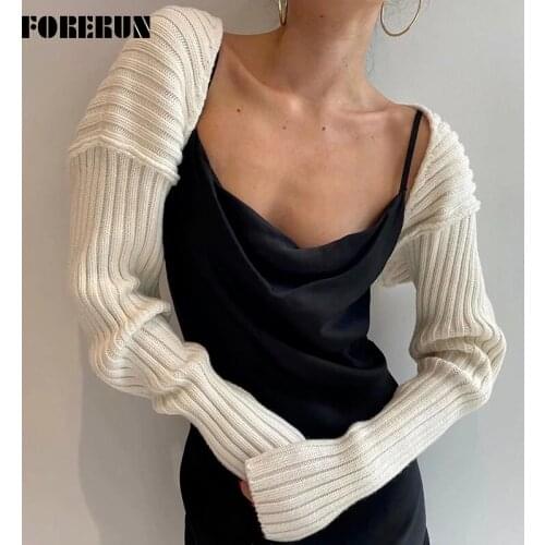 FORERUN Cropped Cardigan New Fashion Solid Bat Sleeve Super Short Ribbed Shawl Knitted Top Feminine Sweater Women