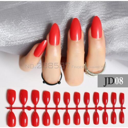 Red Full Nail Tips Comfortable Artificial nails Sexy Pointed Stiletto 24pcs mountain peak Designs Pure colour False nails JD08