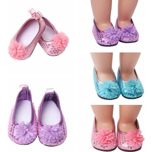 Sequins Flower Pink/Purple/Blue Doll Shoes Girl Gift 18 Inch 45cm girl doll 7cm Doll Shoes Mini Shoes For 43cm Doll