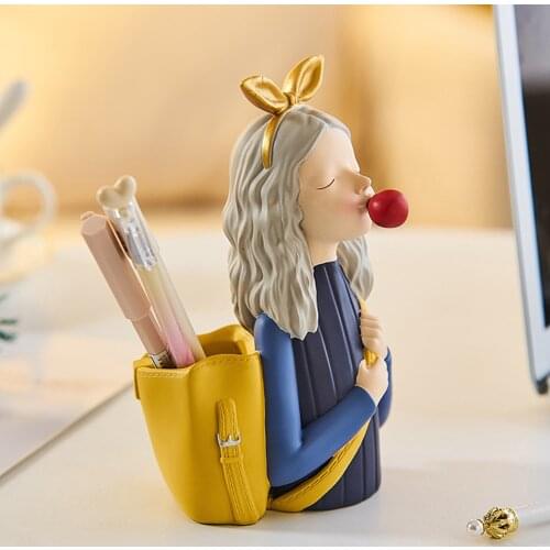 Cute Girl Pen Holder Stationery Resin Sculpture Korean Home Decor Study Room Childrens Bedroom Desktop Decoration birthday gift