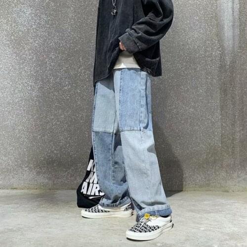 New Mens Patchwork Jeans Youth College Style Straight-leg Denim Trousers Street hip-hop Jean Pants Korean Basic Cowboy Clothing