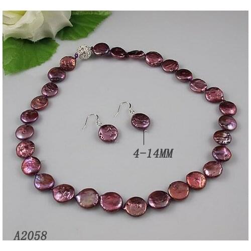 Coin Pearl Necklace earrings jewellery set 4-14mm Wine Purple Freshwater Pearls Rhinestone Magnet Clasp New Free Shippng