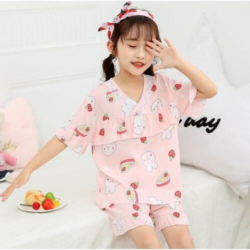 New Childrens Clothing Suits 2 to 14 Years Girls Pajamas Sets Kids Cotton Silk Lace Short Sleeve Suits Children Home Clothing