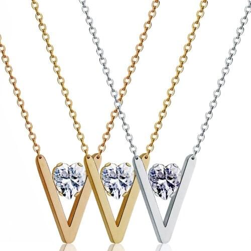 Simple Pendant V Letter Pendant Necklace For Woman Stainless Steel CZ Chokers Necklace Trendy Crystal Luxury Jewelry Female