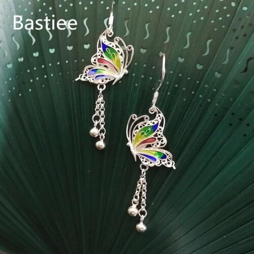 Bastiee 999 Sterling Silver Butterfly Earrings For Women Blue Cloisonne Enamel Earring Hmong Handmade Luxury Fine Jewelry
