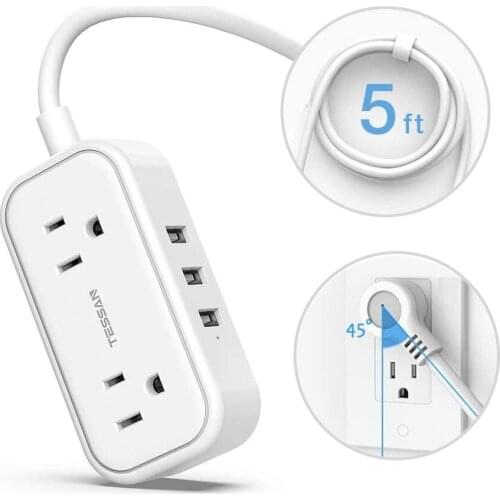 US Plug Power Strip with 3 Outlets and 3 USB Ports 5FT Long Cord Extension Socket 100-250V Adapter for Home Office Travel