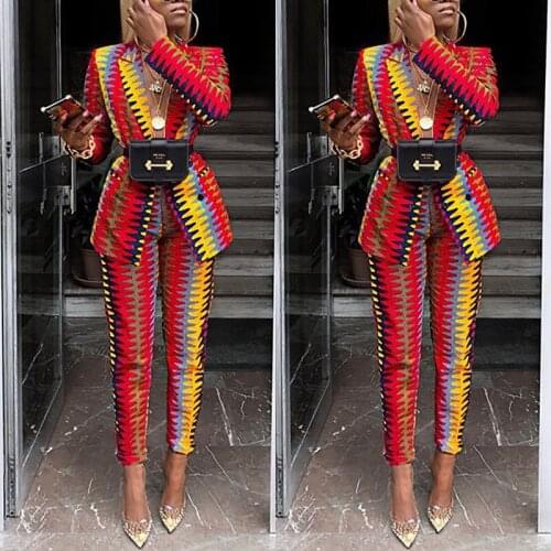 Spring and Autumn new fashion sexy matching two piece set women printing long sleeve blazer and pants 2 piece set club outfits