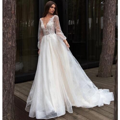 Boho Wedding Dress A-Line V-Neck Lantern Sleeve Button Lace Appliques Sequined Tulle Floor Length Sweep Train Bride Gown New