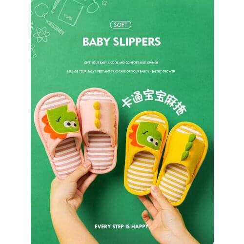 Spring Autumn Childrens Slippers Soft Flax Anti-Slip Indoor Home Shoes Kids Dinosaur For Boys Girls All Season Cotton Slippers