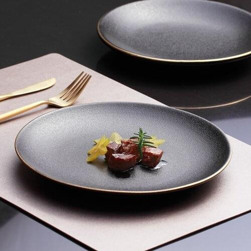 Steak Western Food Plate Golden Edge Flat Plate Japanese Black Frosted Steak Plate Home Dessert Plate Western Food Flat Plate