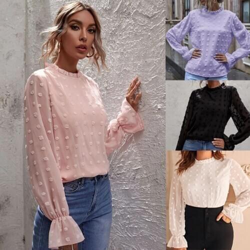 2021 Spring Korean Chiffon Blouse Shirt Female Dot Print Long Sleeve O Neck Elegant Cute Women Top Y2149A