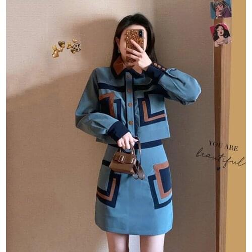 Womens Spring And Autumn Ins Suits Casual Retro Short Jacket + Slim Skirt Two-Piece Sets