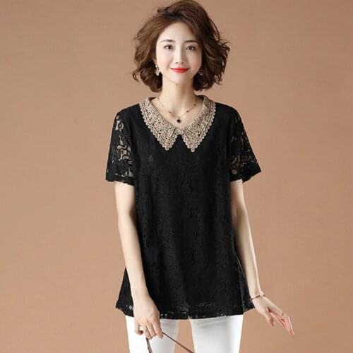 Plus Size Women Summer Lace Casual T-shirts New 2021 Vintage Style Turn-down Collar Loose Female Short Sleeve Tops Tees B097