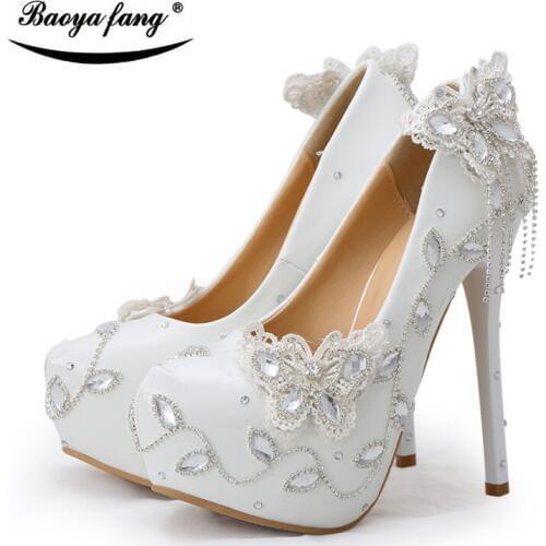 BaoYaFang white and Red Womens wedding shoes Bowknot Bride High heels platform shoes Round toe big size female shoes woman Pumps
