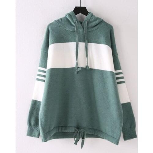 2021 Hooded Pullover and Knitwear Women Sweaters Fall Fahion Long Sleeve Green Patchwork Pull Jumper korean style women