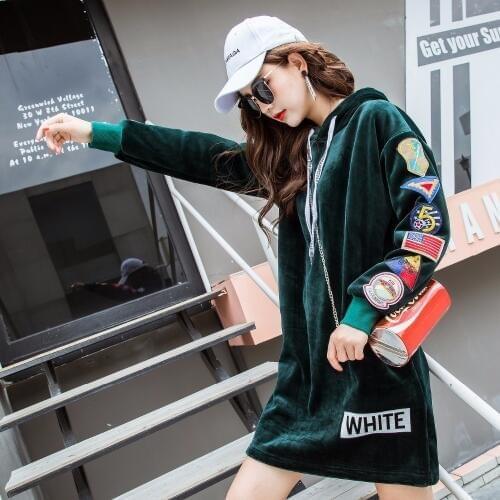 Gold velvet jacket female plus thick velvet long section of Korean students loose hooded Sweatshirts warm womens boutique