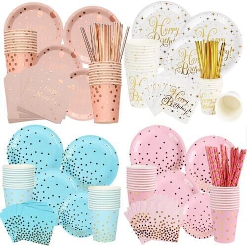 1set Rose Gold birthday Decoration Kids Birthday Party Disposable Tableware Set Wedding Baby Shower Paper Plate Napkin Cup Set