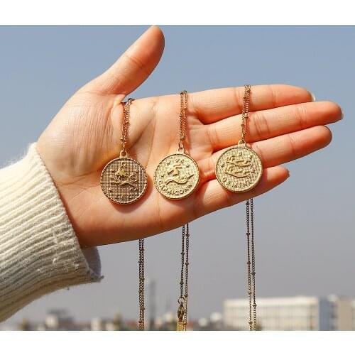 2021 Trendy Tarnish Free 316L Stainless Steel Vaccum Gold Plated Beads Chain Embossment 12 Zodiac Sign Coin Necklaces for Women
