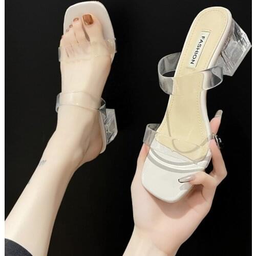 2021 New Womens Shoes Ins Trendy Transparent Fashion Temperament Crystal Heel Chunky Heel Sandals