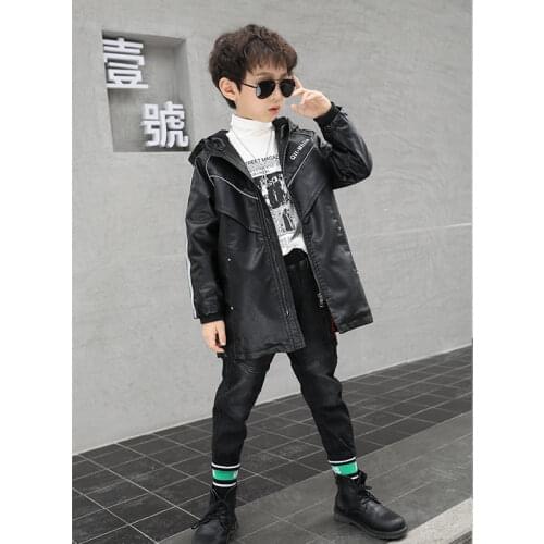 Kids Jackets Winter Boys Coats Clothing Long Sleeve Hooded Solid Color Velvet Warm Pu Leather Children Outerwear Clothes trench