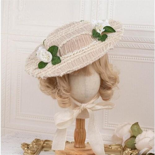 French Style Lolita Lace Bandge Bow Straw Flat Hat Girl Tea Party Cosplay Sunhat Beach Cap D848