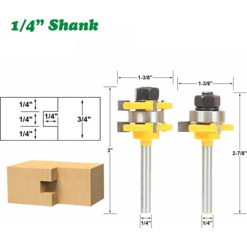 2PC/Set 1/4" 6.35MM Shank Milling Cutter Wood Carving Tongue Groove Router Bits 3/4" Stock 3 Teeth T-shape Tenon Milling Cutter