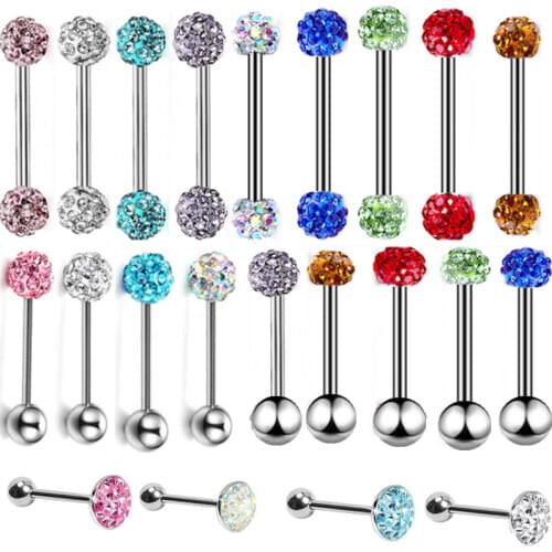1Piece Crystal Ball Tongue Piercing Ring 14G Surgical Steel Tongue Piercing Barbell Jewelry nipple ring Piercing Langue Gift