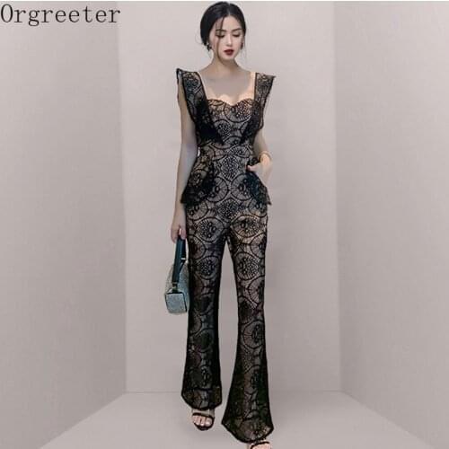 Rompers Women Jumpsuits 2021 Summer New Square collar Flying Sleeve Black Lace Wide leg Jumpsuits High waist Overalls for Women