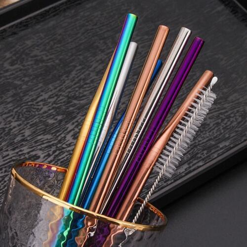 Reusable Metal Drinking Straw Stainless Steel Bent Straight Drinks Straws with Cleaner Brush Party Drinkware Bar Accessory