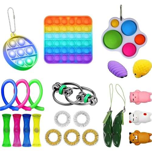 23PCS Silicone Sensory Toy Set Durable Decompression Sress Reliver Noodles Rope Football Keychain Bubble Toys For Children Adult