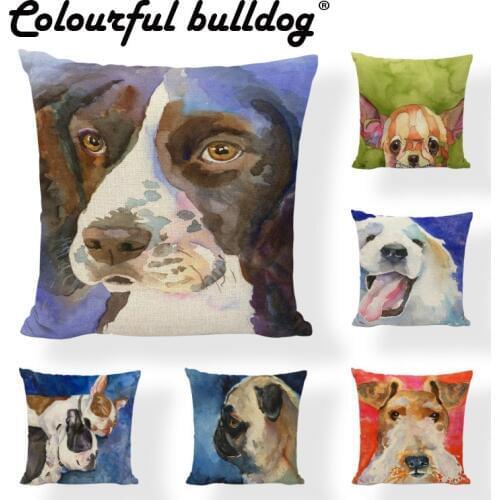 Colorful Oil Painting Cushion Cover Cute Dogs 45x45CM Pug Bulldog Pillow Cover Modern Living Room Decor Linen Cotton Pillow Case