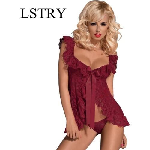 2020 New Sexy Women Lace Lingerie Babydoll Front Open Nighty Underwear Sex Perspective Sleepwear with G-string Plus Size 6XL
