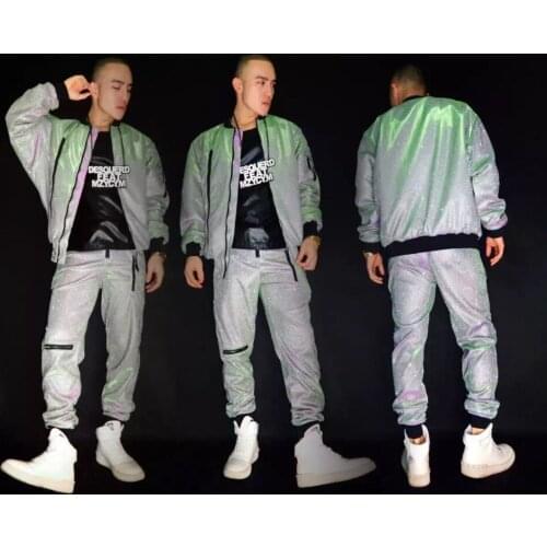 New Nightclub Male singer DJ Fashion green purple gradient flash powder Baseball Jacket Stag show hip-hop dance costumes