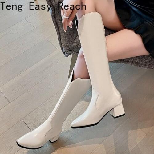 Autumn Women Boots Fashion PU Leather Knee High Boots Square Low Heel Long Boots Zipper Winter Female Shoes Casual Large Size 37