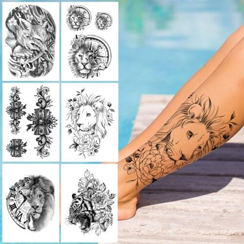 Peony Lion Flower Temporary Tattoos For Women Men Adult Fake Fox Tiger Tattoo Sticker Compass Black Waterproof Tatoos Cosmetic