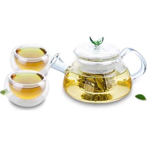 Transparent Small Glass Teapot with Filter & 2PC Cute Double Wall Glass Teacups