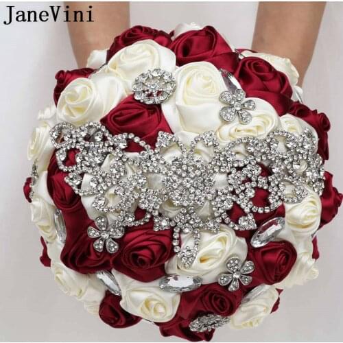 JaneVini Luxury Bridal Wedding Brooch Bouquets Artificial Satin Roses Diamond Burgundy Ivory Bridemaid Flower Bouquet Customize