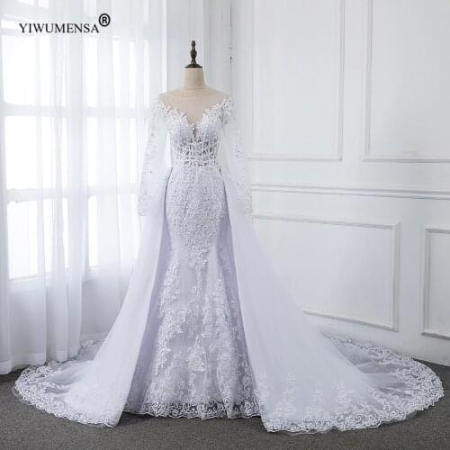 A77 Factory Real Picture Mermaid Long Sleeves Wedding Dress With Detachable Train Lace Appliques Bridal Gown 2 in 1 Robe Mariee